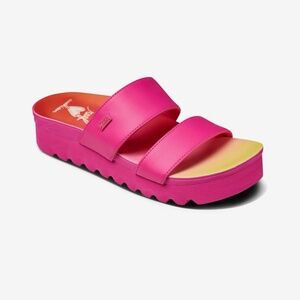 REEF Banded Horizon Hi Platform Slip On Cushion Comfort Slide Sandal, Pink 8 New